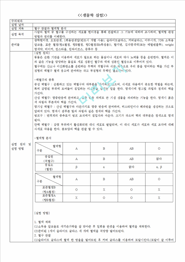 [의학,약학] [생물학실험] 혈액 - 혈구 관찰과 혈액형 분석.hwp